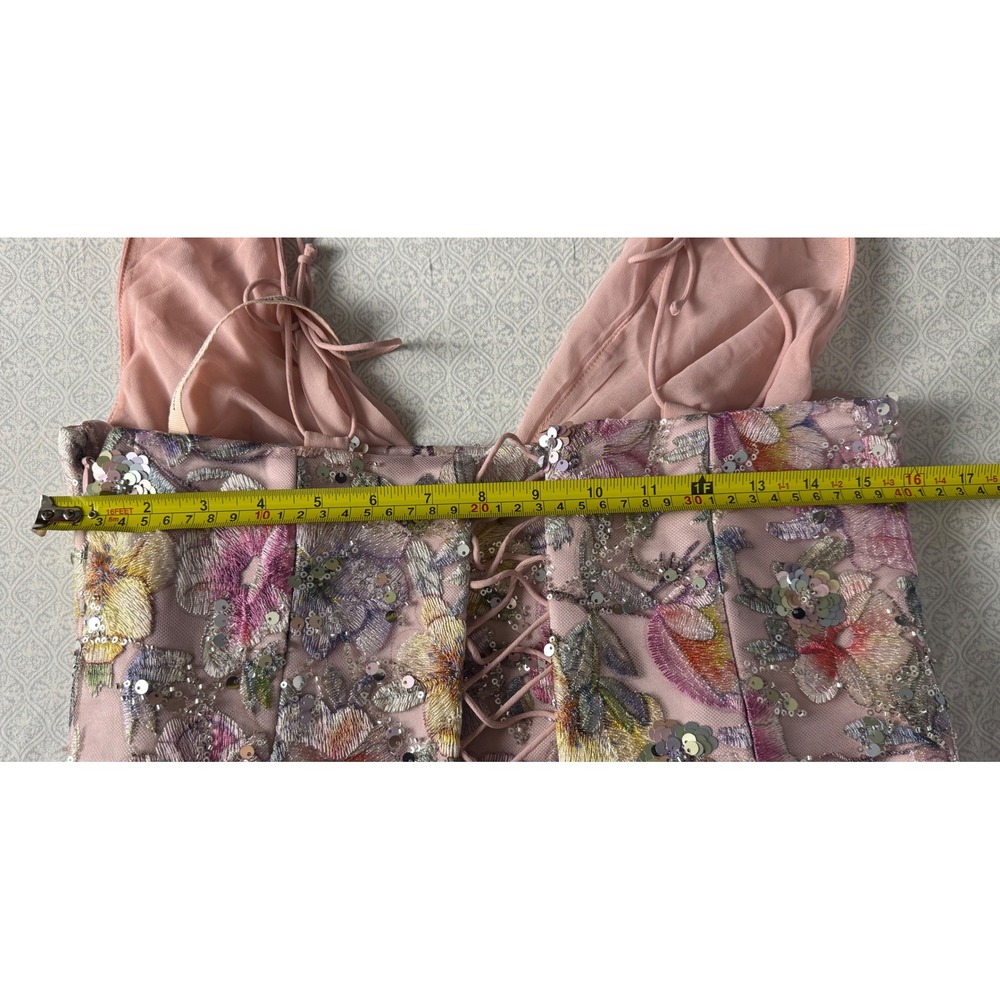 Oh Polly Pink Floral Embroidered Corset Mini Dress Tiered Ruffle Skirt US 10 NWT - Picture 10 of 11